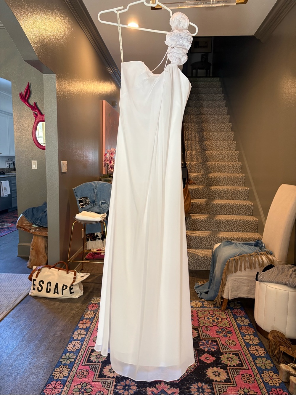 David's Bridal One-Shoulder White Gown with Rosette Strap